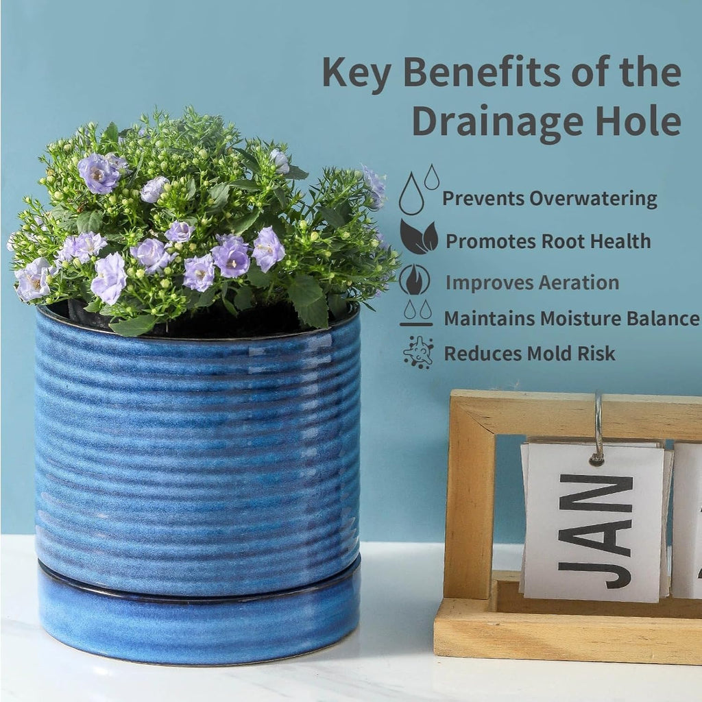 HASENSE Ceramic Plant Pot with Saucer, 6 Inch Planter for Indoor/Outdoor Plants with Drainage Hole,Blue Glazed Flower