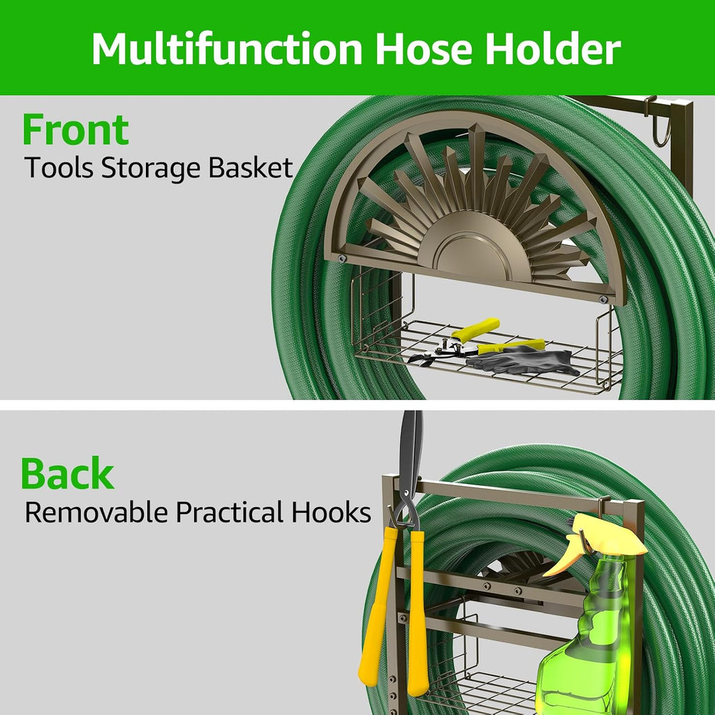 GOFORWILD Garden Hose Reel Holds 150ft of 5/8 Hose with 2 Hooks | Freestanding Water Hose Stand for Outside Patio Yard
