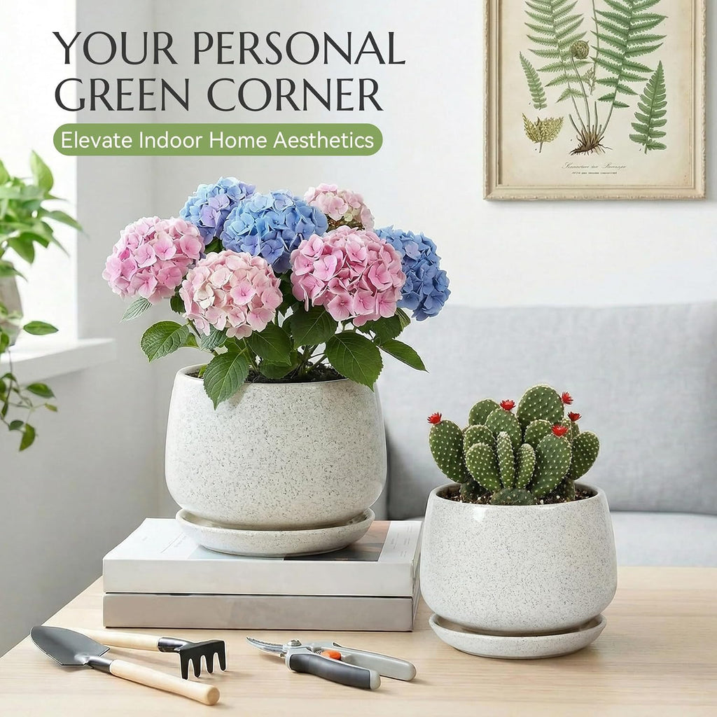 10.3 Inch Flower pots for Indoor Outdoor Plants with Saucer Drainage Leak-Proof Mesh, Ceramic Planter with Gardening