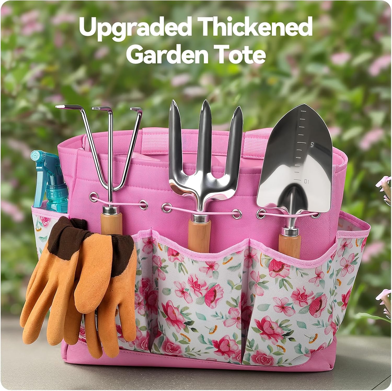 9-Piece Gardening Tools Set with Fashion Handbag, Pink | Rust-resistant steel garden tool set, Ergonomic Wooden Handle