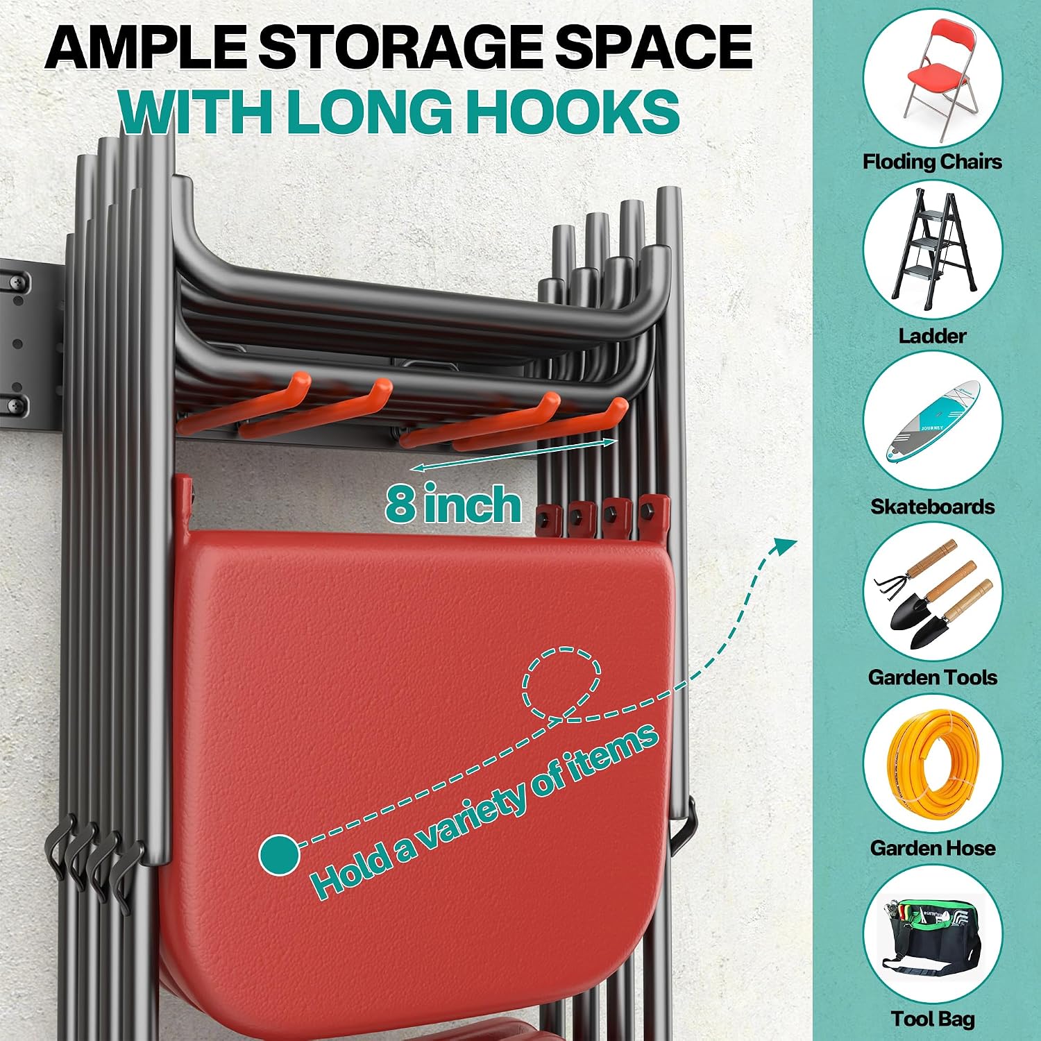 EVERHANGER Garage Tool Storage Organizer Wall Mount, Versatile Garden Tool Rack Organization, Folding Chair Hangers