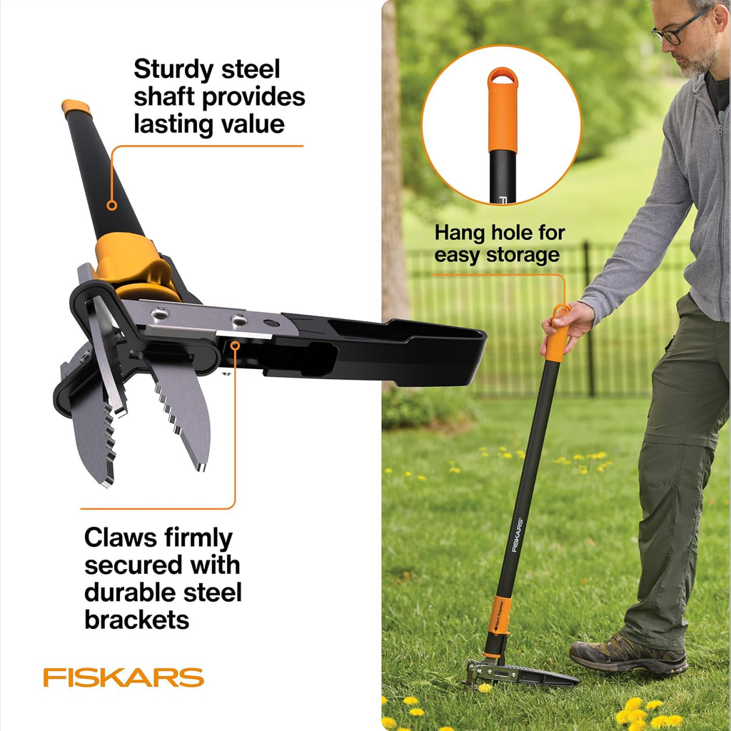 Fiskars Stand-Up Weed Puller Tool, 3 Serrated Stainless Steel Claws, 39"