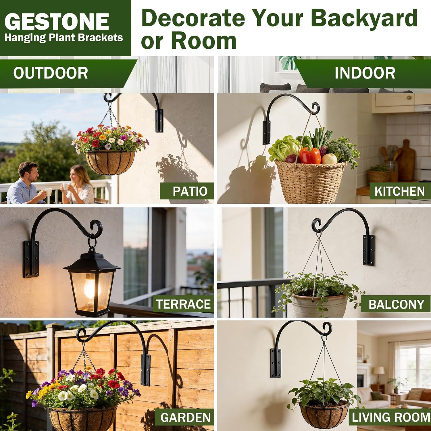 Heavy Duty 16 Inch Plant Hangers Bracket Outdoor 2 Pack Bird Feeder Hanger | 60LBS Capacity, Rust-Proof Metal Wall
