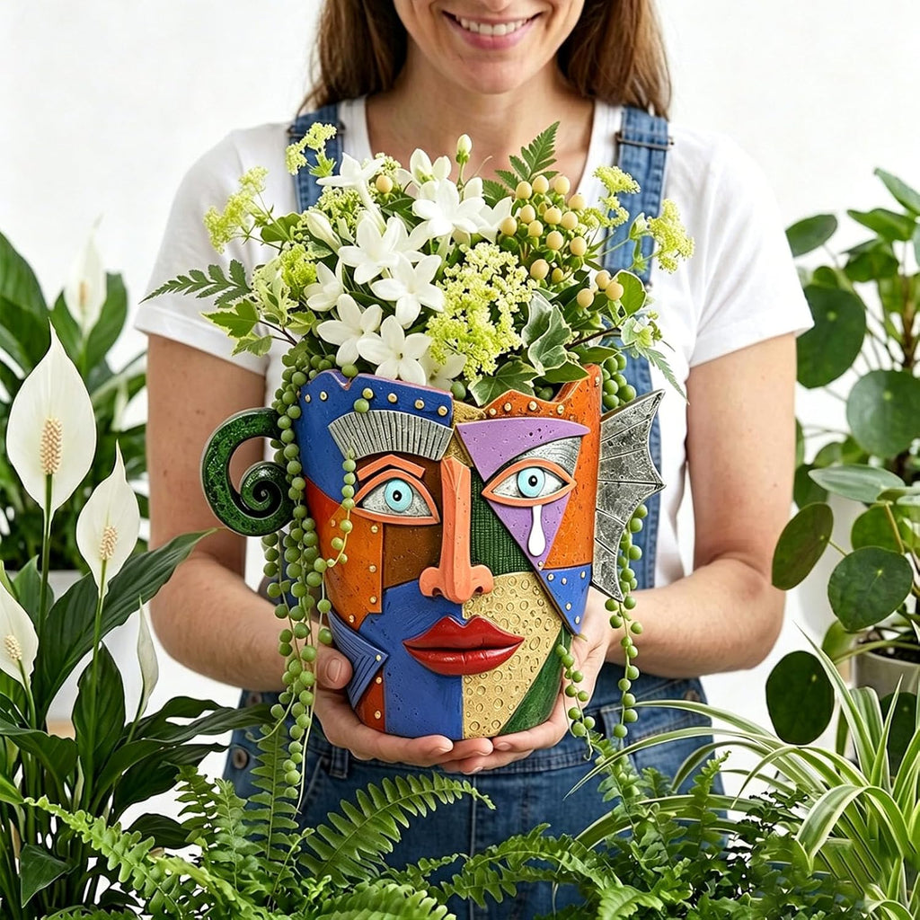 Large Picasso Abstract Face Planter Pot, Colorful Resin, Indoor Outdoor | Head Planter, 10.24 Inch, Drainage Hole, Fits