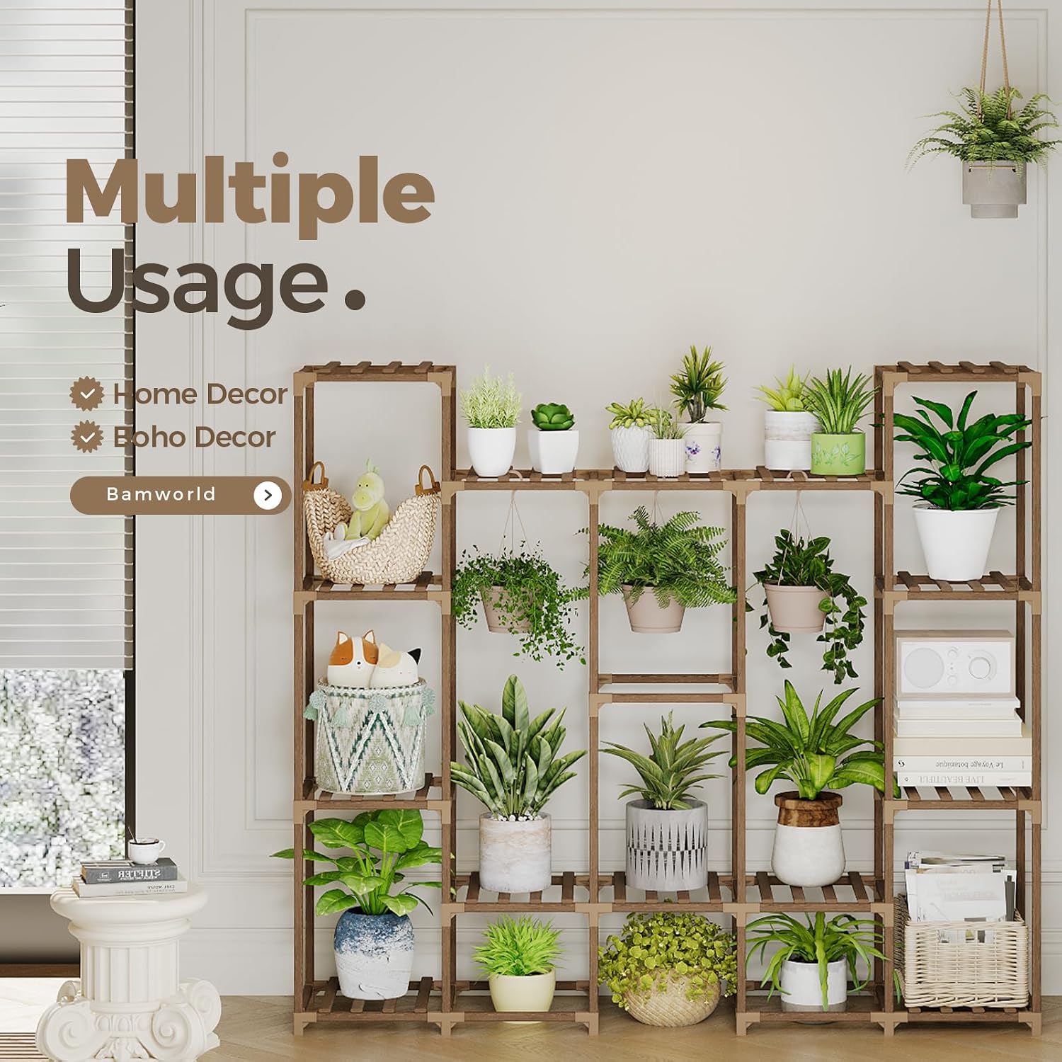 Bamworld Large Plant Stand Indoor Outdoor Hanging Shelf for Multiple PlantsTall Large Holder for Living Room Patio