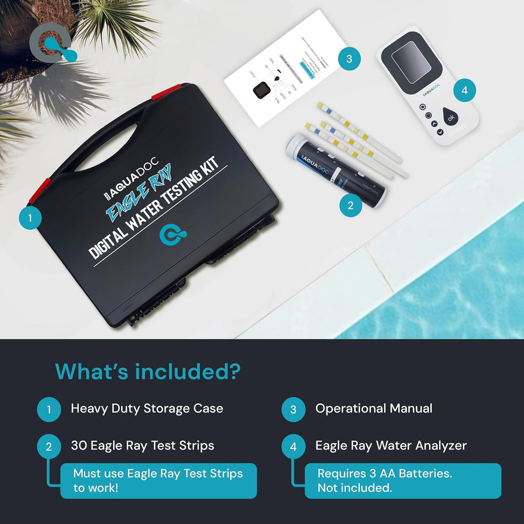 AquaDoc Eagle Ray Digital Water Test Kit for Pool & Spa with 30 Test Strips | Includes a Digital Water Tester and Hot
