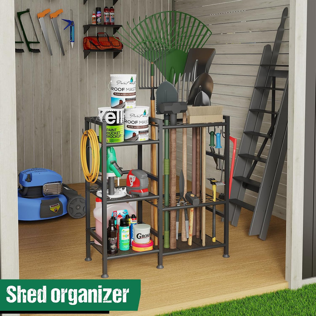 keomaisyto Garden Tool Organizer with Large Hooks, Garage Storage Rack | 3 Tier Yard Tool Holder with 35 Long-Handled