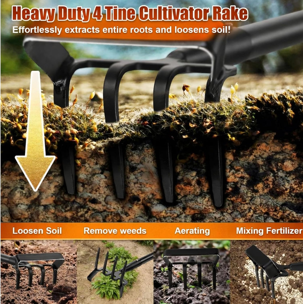 Garden Hoe with Cultivator Rake, 2-in-1 Heavy Duty Action Stirrup Hoe with Sharp Blade,60" Adjustable Long Handle Loop