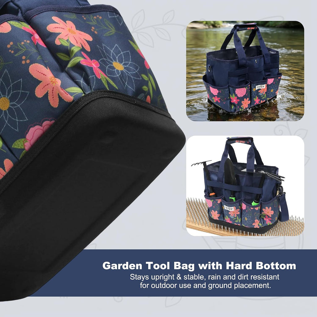 Hard Bottom Floral Garden Tool Tote Bag with Shoulder Strap | Gardening Tote Organizer with 8 pockets, Padded Handles