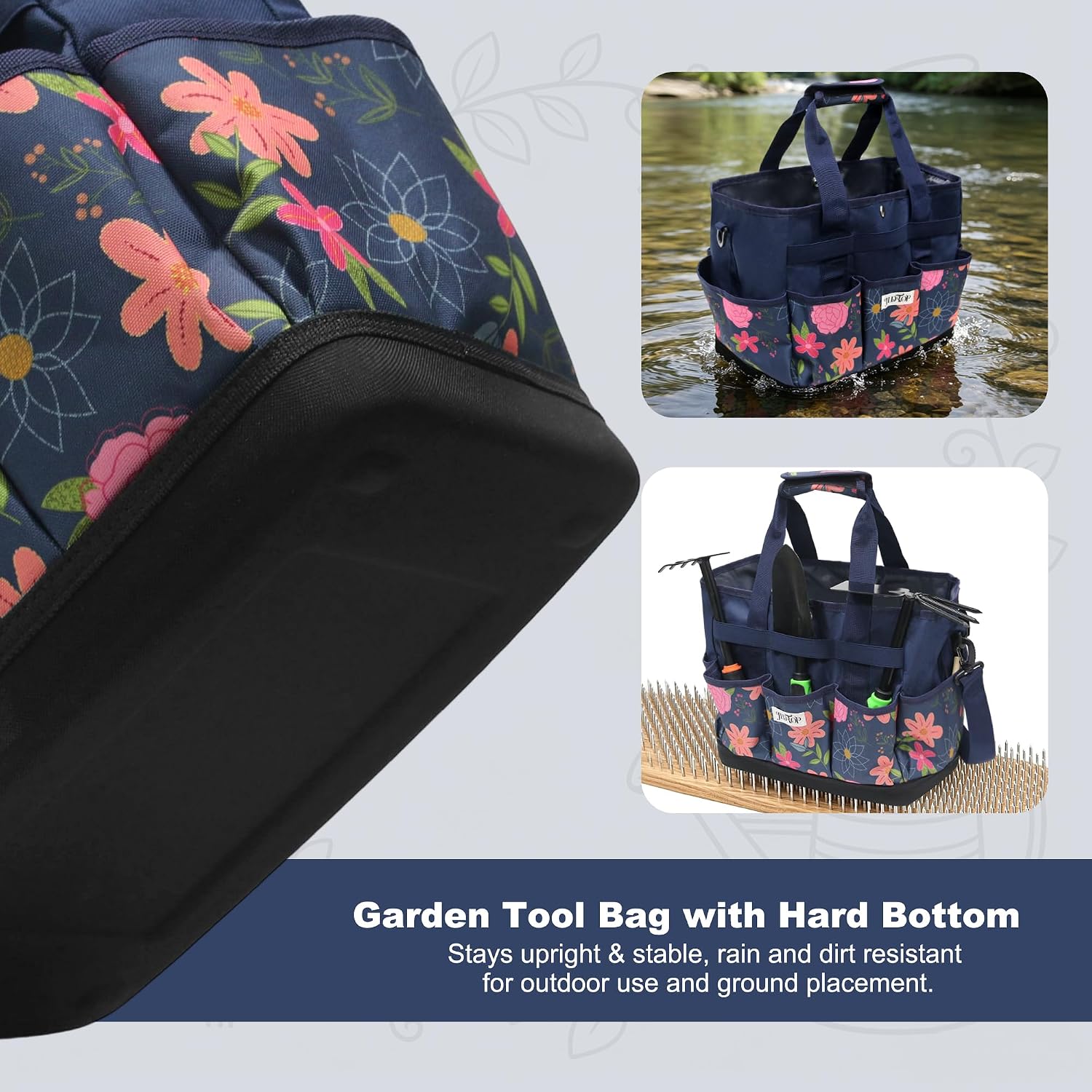 Hard Bottom Floral Garden Tool Tote Bag with Shoulder Strap | Gardening Tote Organizer with 8 pockets, Padded Handles