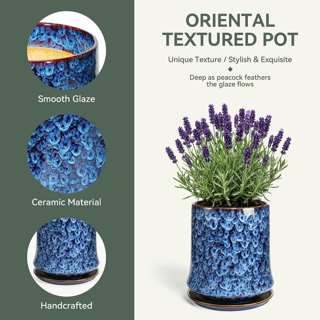 8 Inch Ceramic Planter Pot with Saucer Drainage Leak-Proof Mesh,Flower Pots for Lavender with Gardening Gloves,Ceramic