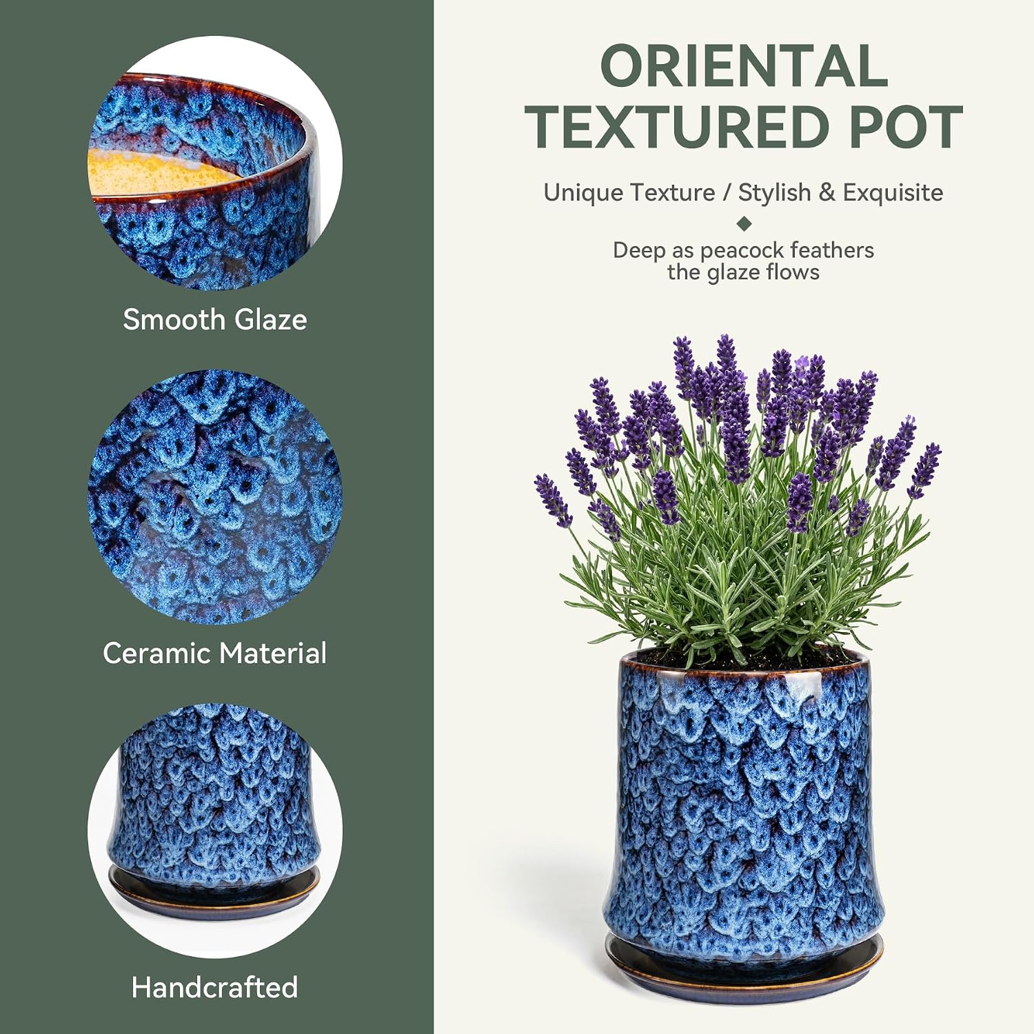 8 Inch Ceramic Planter Pot with Saucer Drainage Leak-Proof Mesh,Flower Pots for Lavender with Gardening Gloves,Ceramic