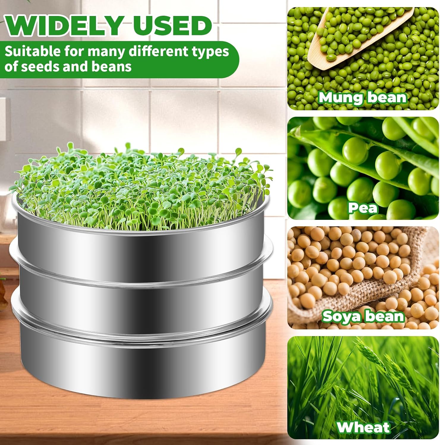 8.6" Sprouts Growing Kit, Stainless Steel Sprouting Kit, 3-Tier Stackable Mesh Germination Tray, Seed Sprout Grower