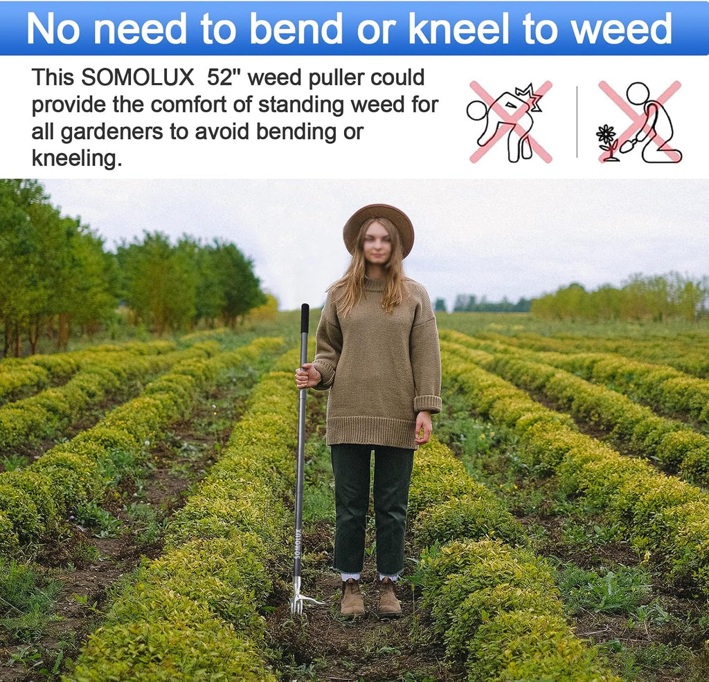 SOMOLUX 52'' Weed Puller Stand-up Weeder Weeding Tool for Gardening Heavy-duty Stainless Steel Claw with Long Metal