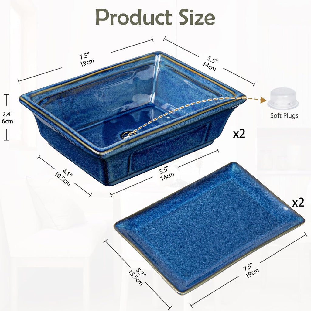 Villa Como Set of 2 Bonsai Pots with Drainage Tray, 7.5" Bonsai Planters | Blue Glazed Ceramic Bonsai Tree Pots