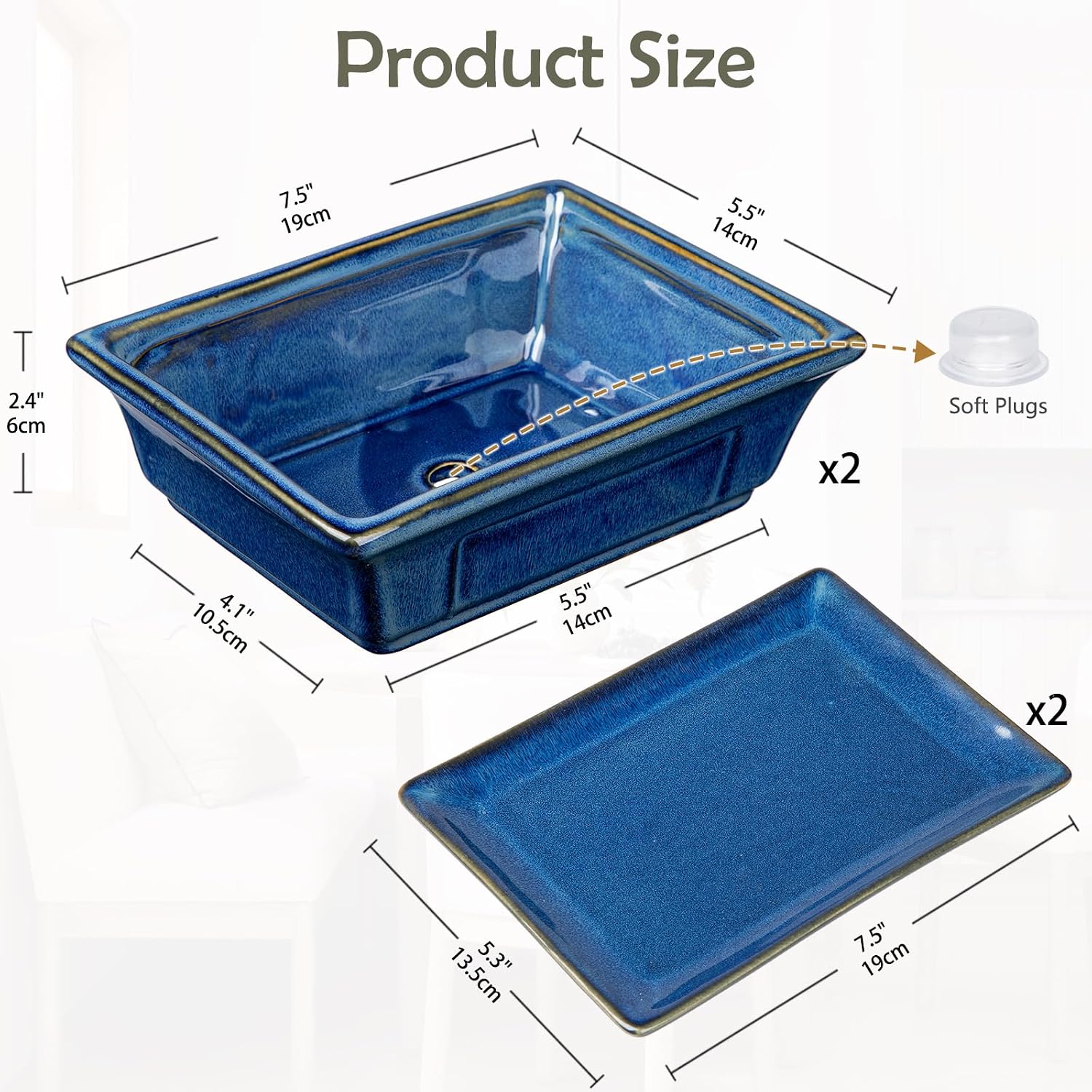Villa Como Set of 2 Bonsai Pots with Drainage Tray, 7.5" Bonsai Planters | Blue Glazed Ceramic Bonsai Tree Pots