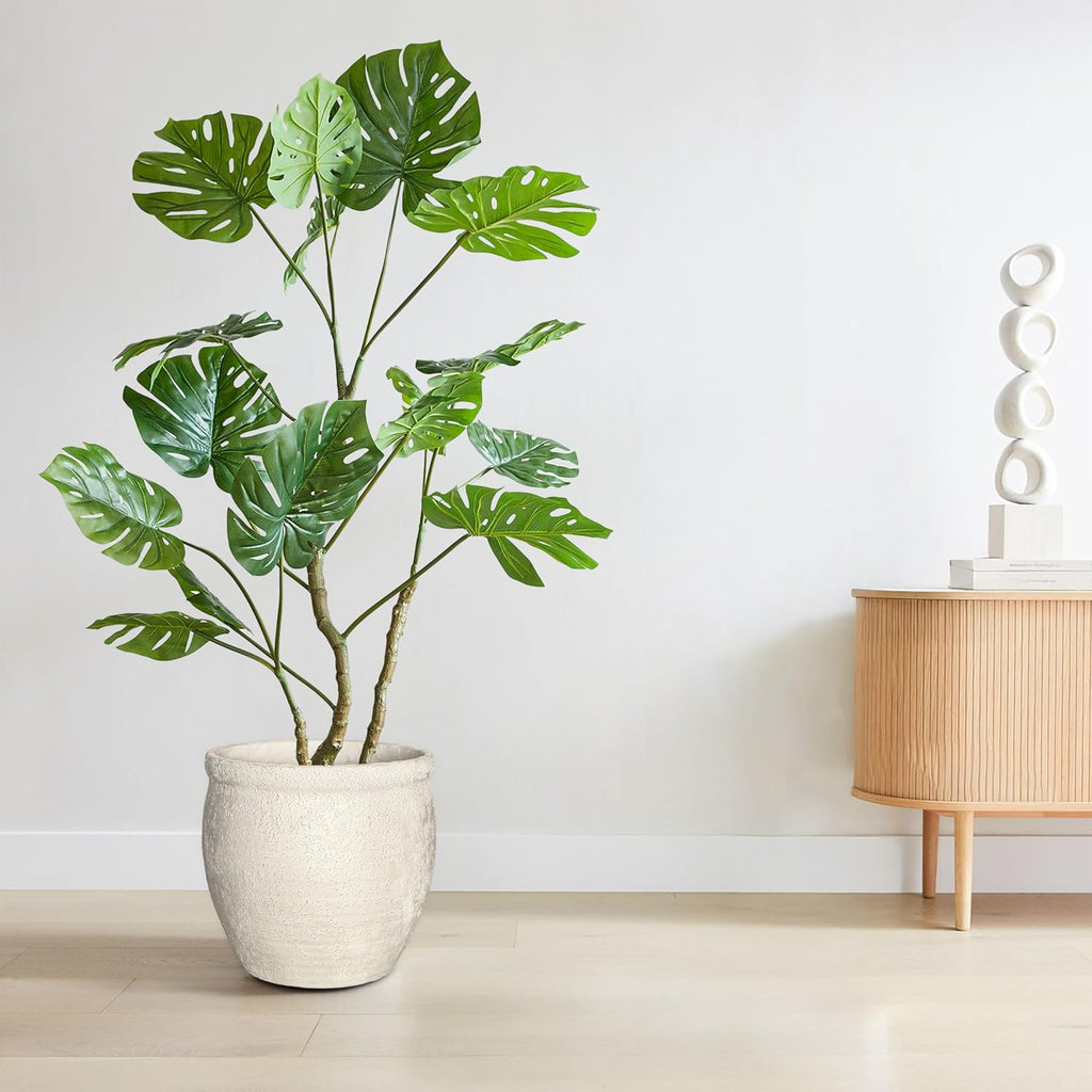 12" Dia Fiberstone Planter – Modern Farmhouse Indoor/Outdoor Flower Pot, Beige Container with Grainy Matte Texture &