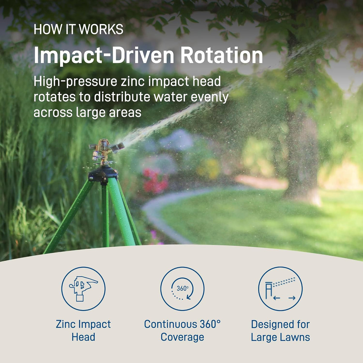 Orbit Tripod Lawn Zinc Impact Sprinkler - 360 Degree Rotating Yard Sprinkler with Adjustable Height - Heavy-Duty Zinc
