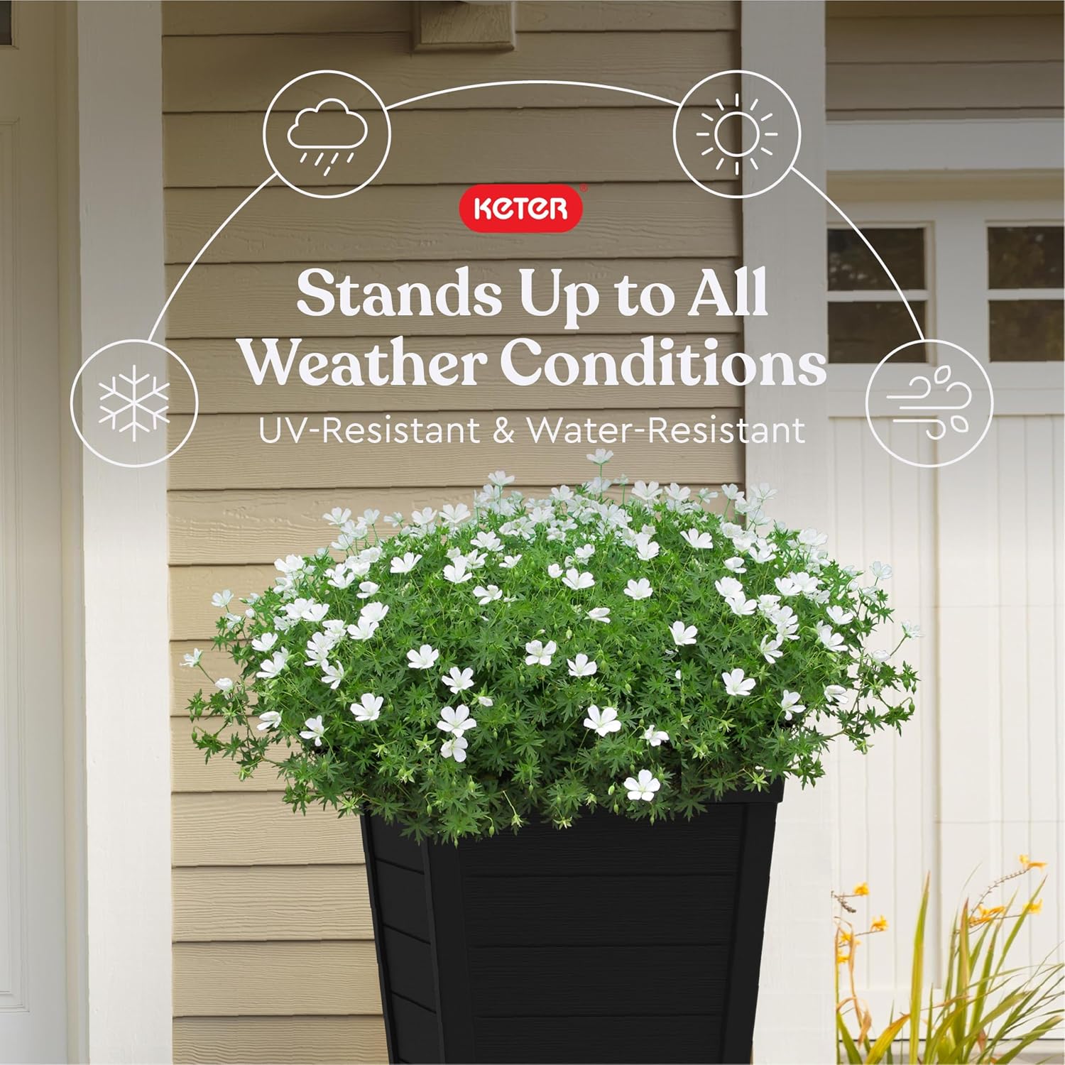 Keter Set of 2 Resin Modern Outdoor 22 Inch Tall Large Flower Pots, Tapered Wood Look Planters for Outdoor Plants and