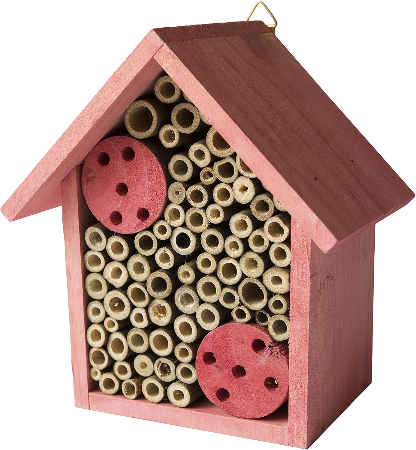 Cestari Mason Bee House Bamboo Tube Solitary Bee Hotel – 75 FSC‑Wood & Bamboo Tubes, 8 × 7.5 × 5 in, Rose Pink
