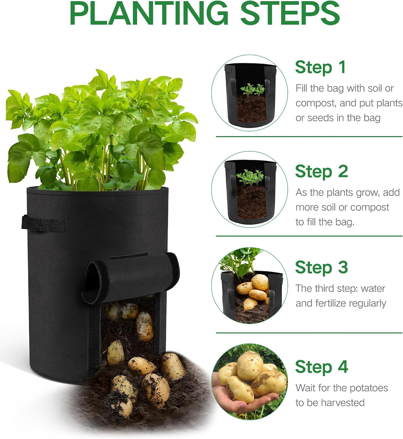 6-Pack 15 Gallon Potato Grow Bags – Durable Nonwoven Fabric Planters with Reinforced Handles | Reusable Garden