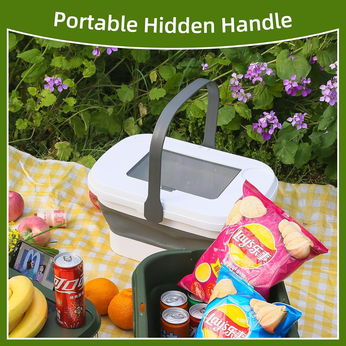 Collapsible Picnic Basket 16L, Folding Basket for Picnic with Lid Table, Waterproof Large Picnic Basket with Handles