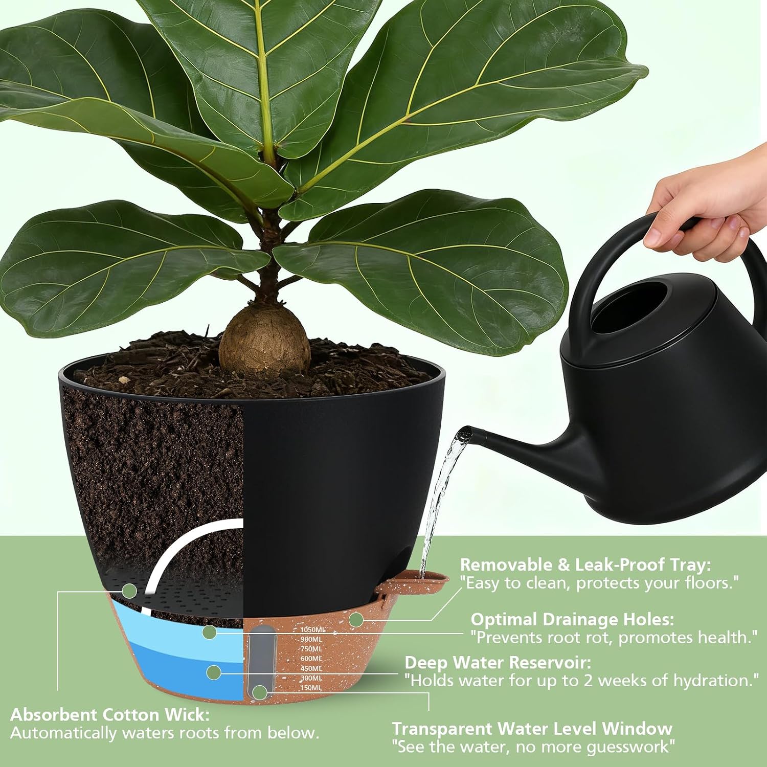 Self Watering Pots with Water Level Indicator, 12" 10" 9" 8" Large Plastic Flower Pots with Mesh Drainage Hole and