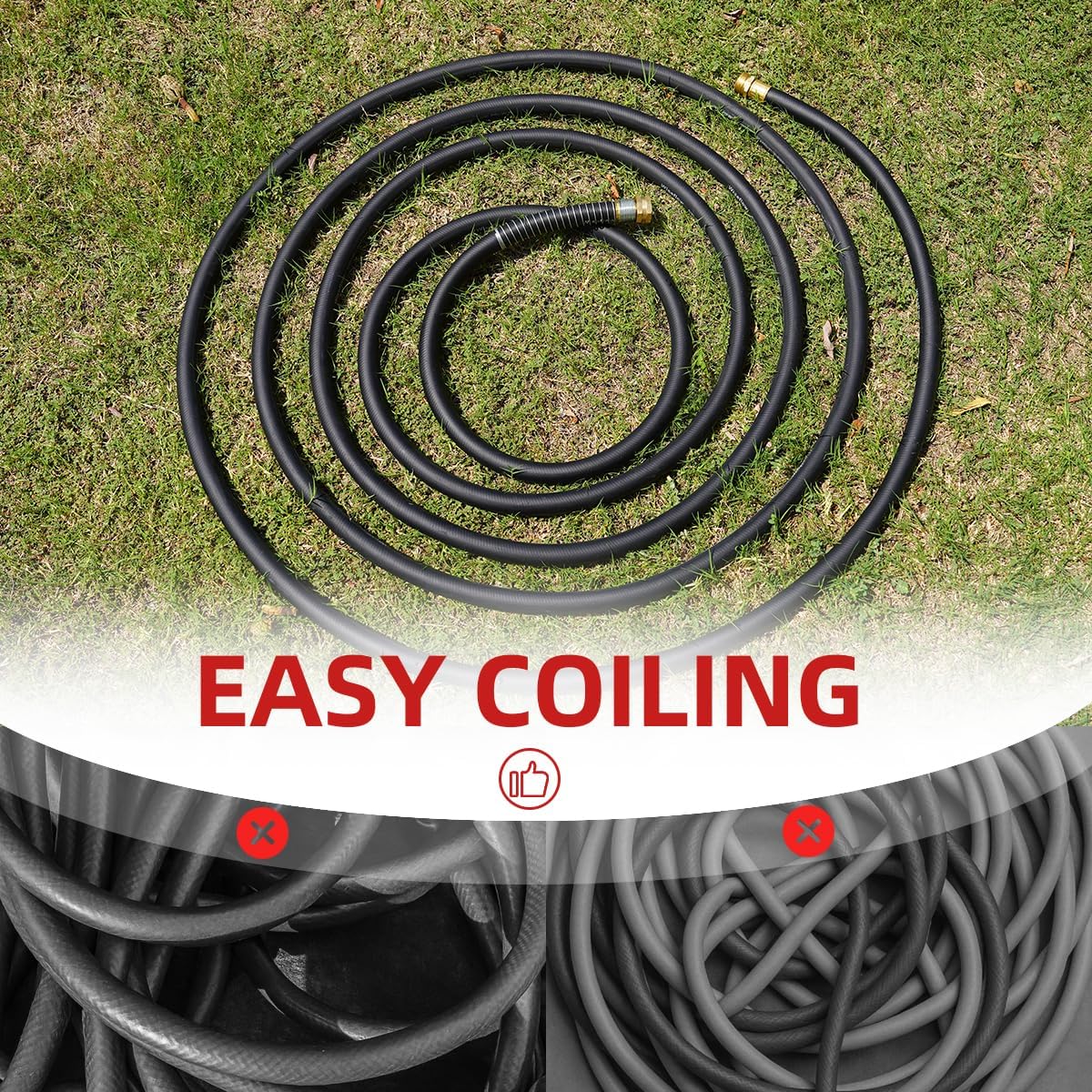 Wiseflow Garden Hose 75FT x 5/8", Heavy Duty Rubber Hose, Water Hose with Five Layered Braiding, Male Female Fittings