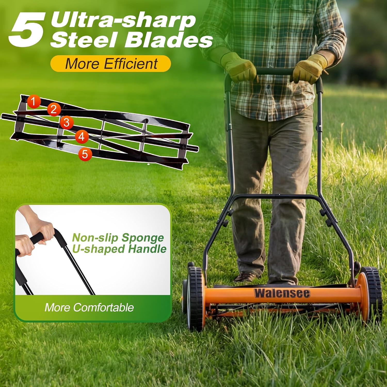 Walensee 18-Inch Manual Lawn Mower, 5-Blade Push Reel, 9 Heights | Precision-Ground Alloy-Steel Blades Deliver Clean