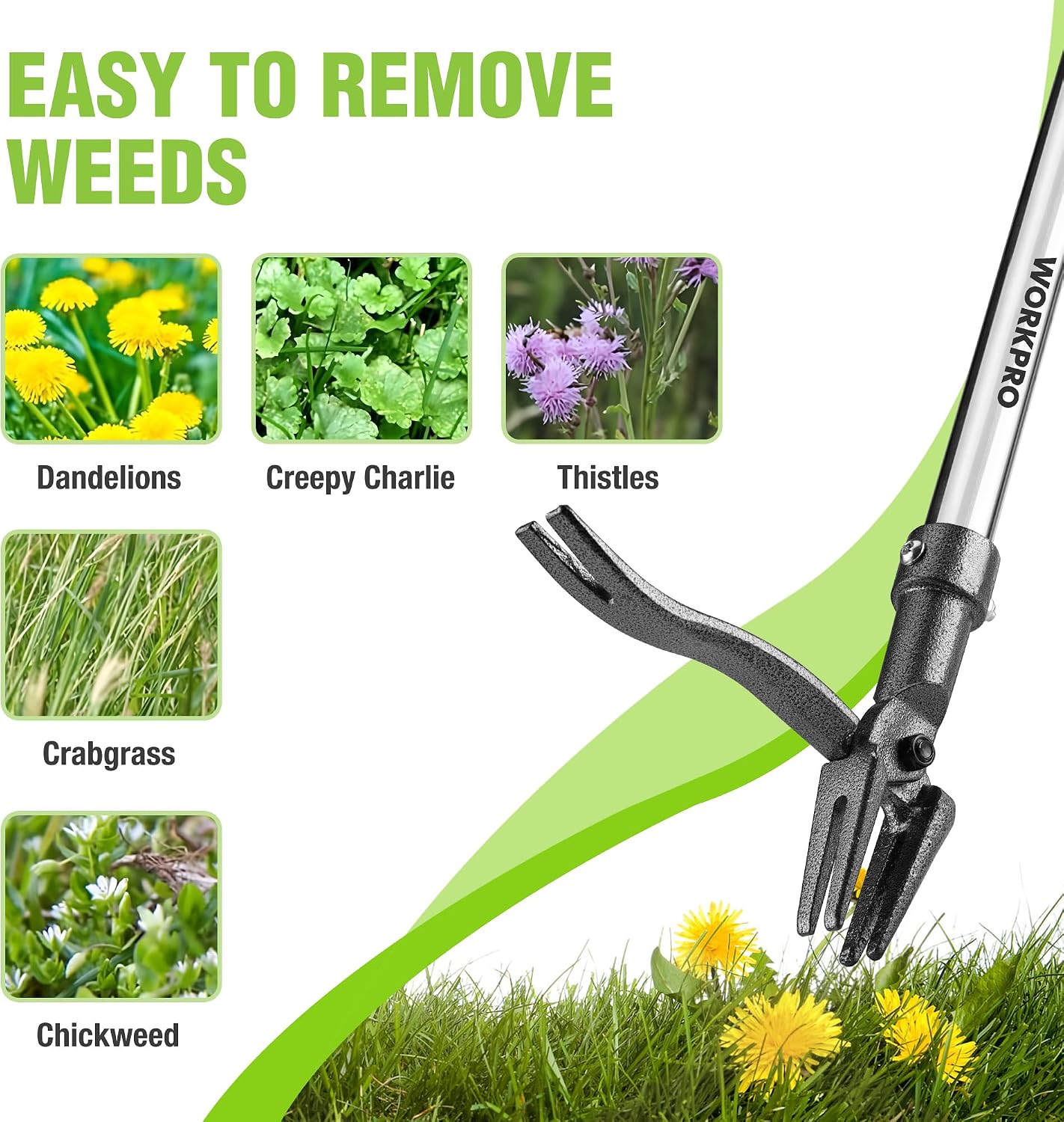 WORKPRO Weed Puller Tool with Long Adjustable Handle (33", 46") | Stand Up Weed Remover- 4 Claw Steel Head & Foot Pedal