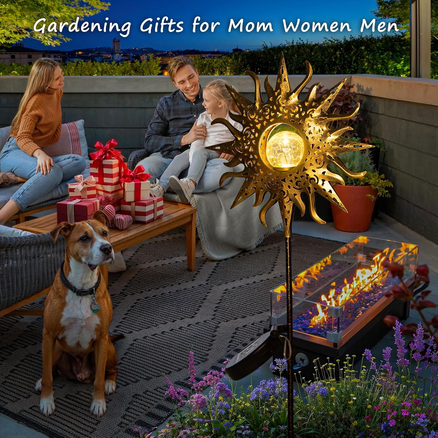 Large Sun Solar Garden Decor Lights Outdoor Garden Gifts Mom Dad, Crackle Glass Metal Stake Backyard Decor, Waterproof