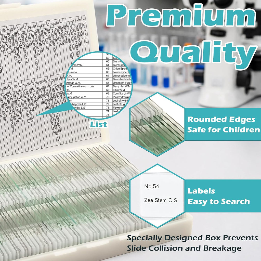 200 Packs Microscope Slides, 100 Plants & 100 Animal Tissues Includes Labels and Case for Biological Science Education
