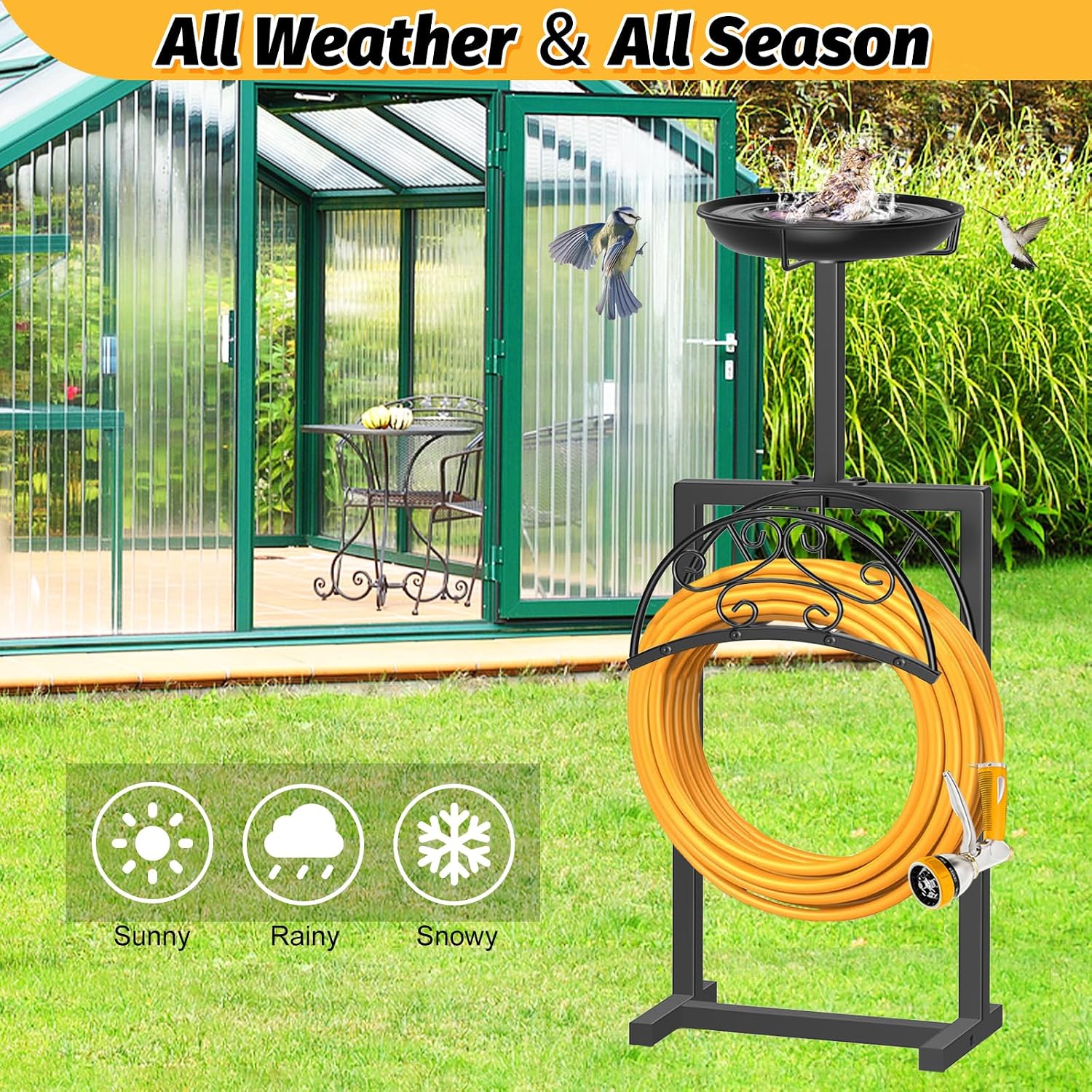 Garden Hose Holder Hanger Freestanding, Upgraded 4 Spikes Heavy Duty Storage Reel Stand with Bird Feeder Bowl, Holds