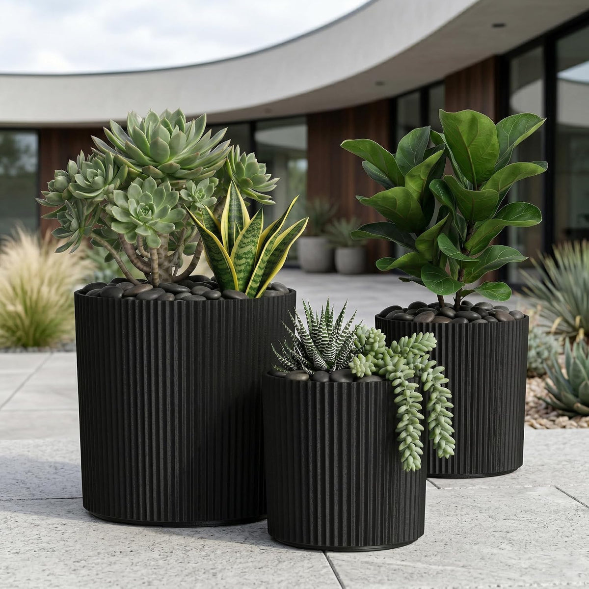 Mayne Haven Round Fluted Modern Planter Set, Black, 3-Pack | Round fluted modern design, All Season, Fade resistant