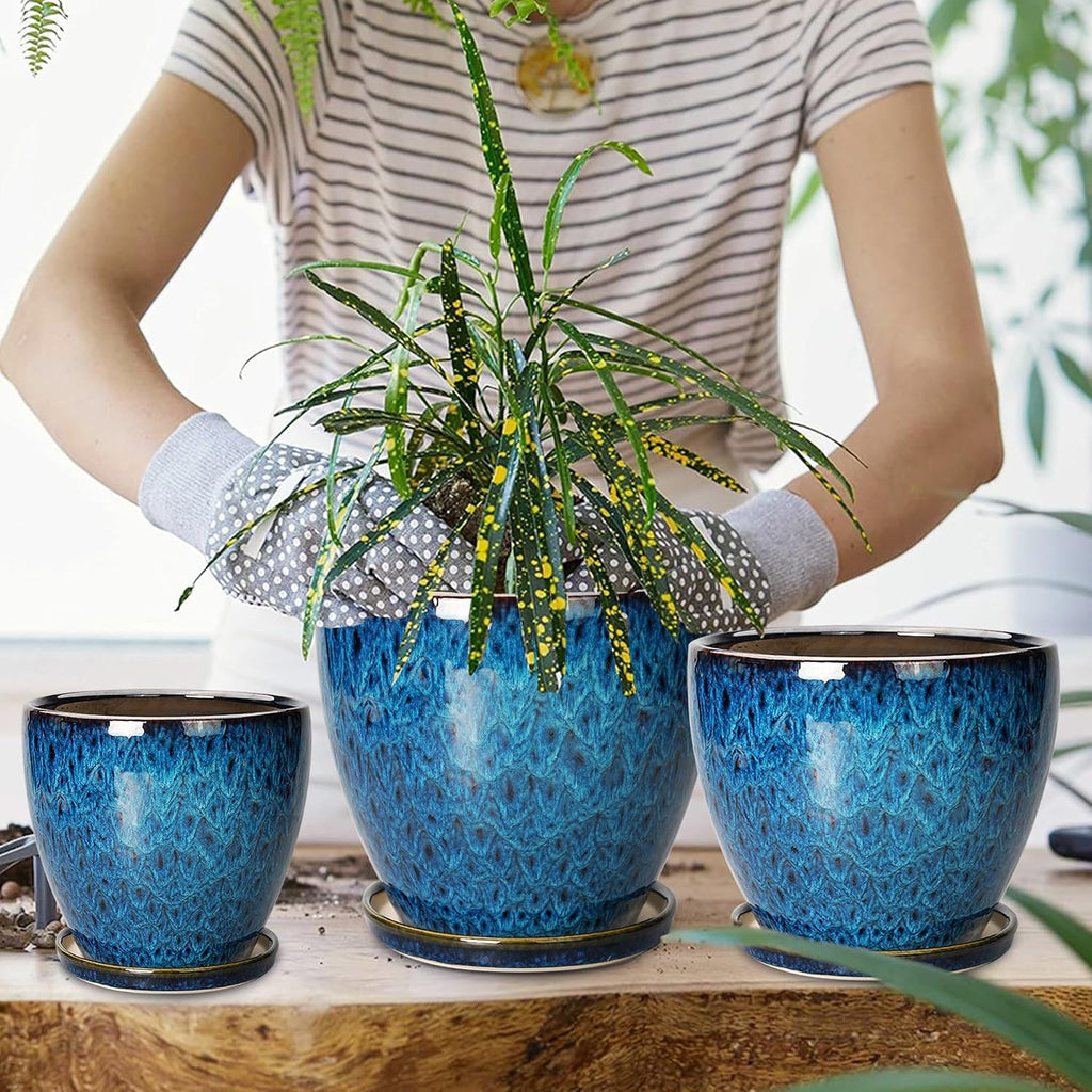 Plant Pots Indoor, Ceramic Planters Pots with Drainage Holes and Saucers, 10+8+6 Inch, Set of 3, Round Large Flower