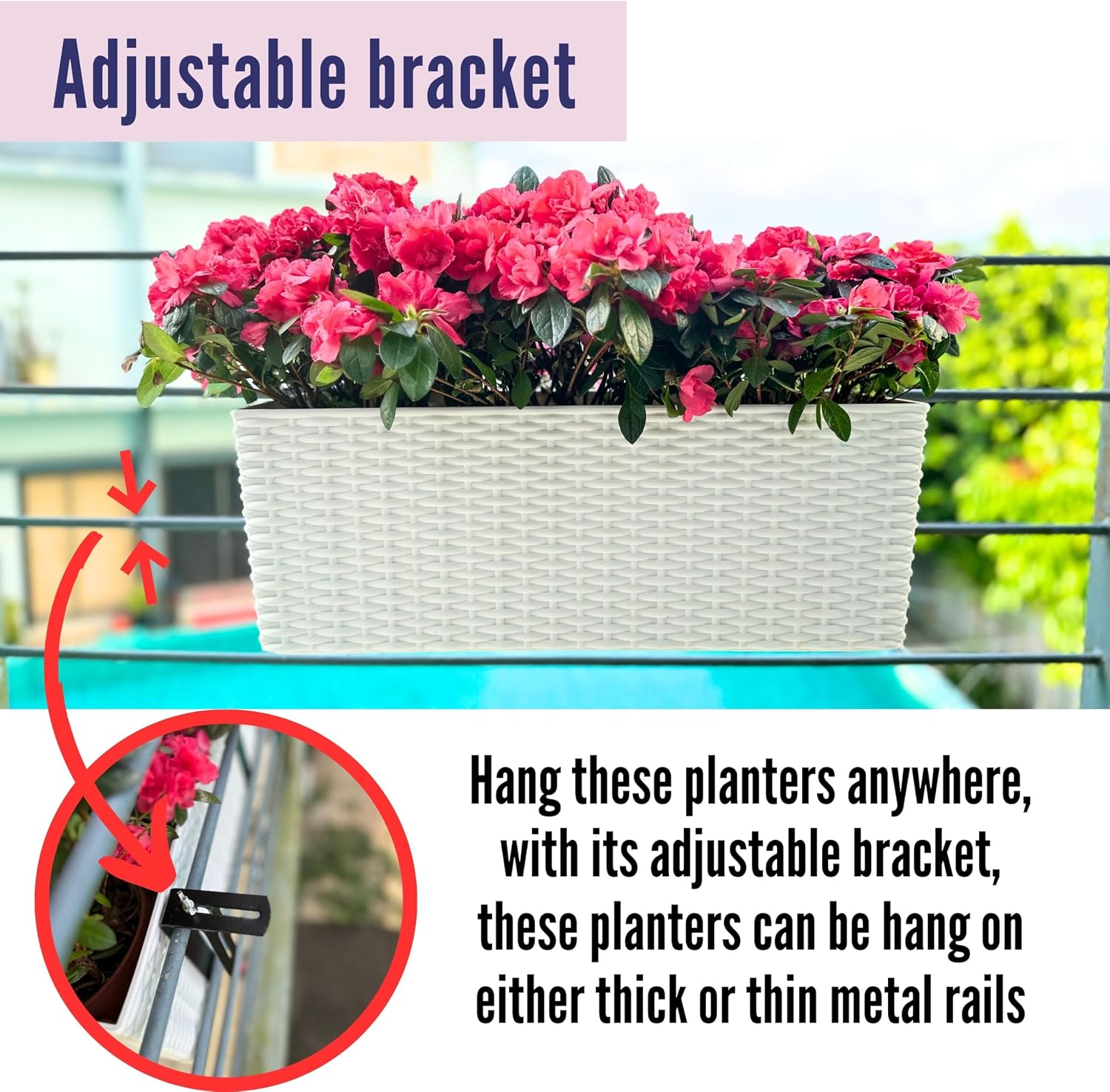 LaLaGreen Deck Railing Planter Box (20 Inch, 4 Pack) White Rectangular Window Flower Boxes with Bracket, Self Watering