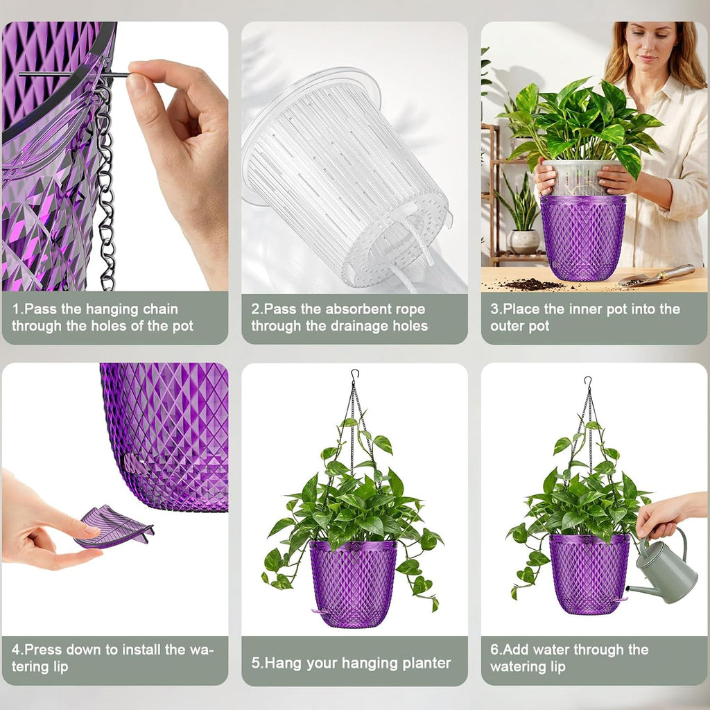 QCQHDU Hanging Planters for Indoor Plants, 2-Pack, 7.2 Inch, Purple | Plastic, Self Watering Plant Hanger, with