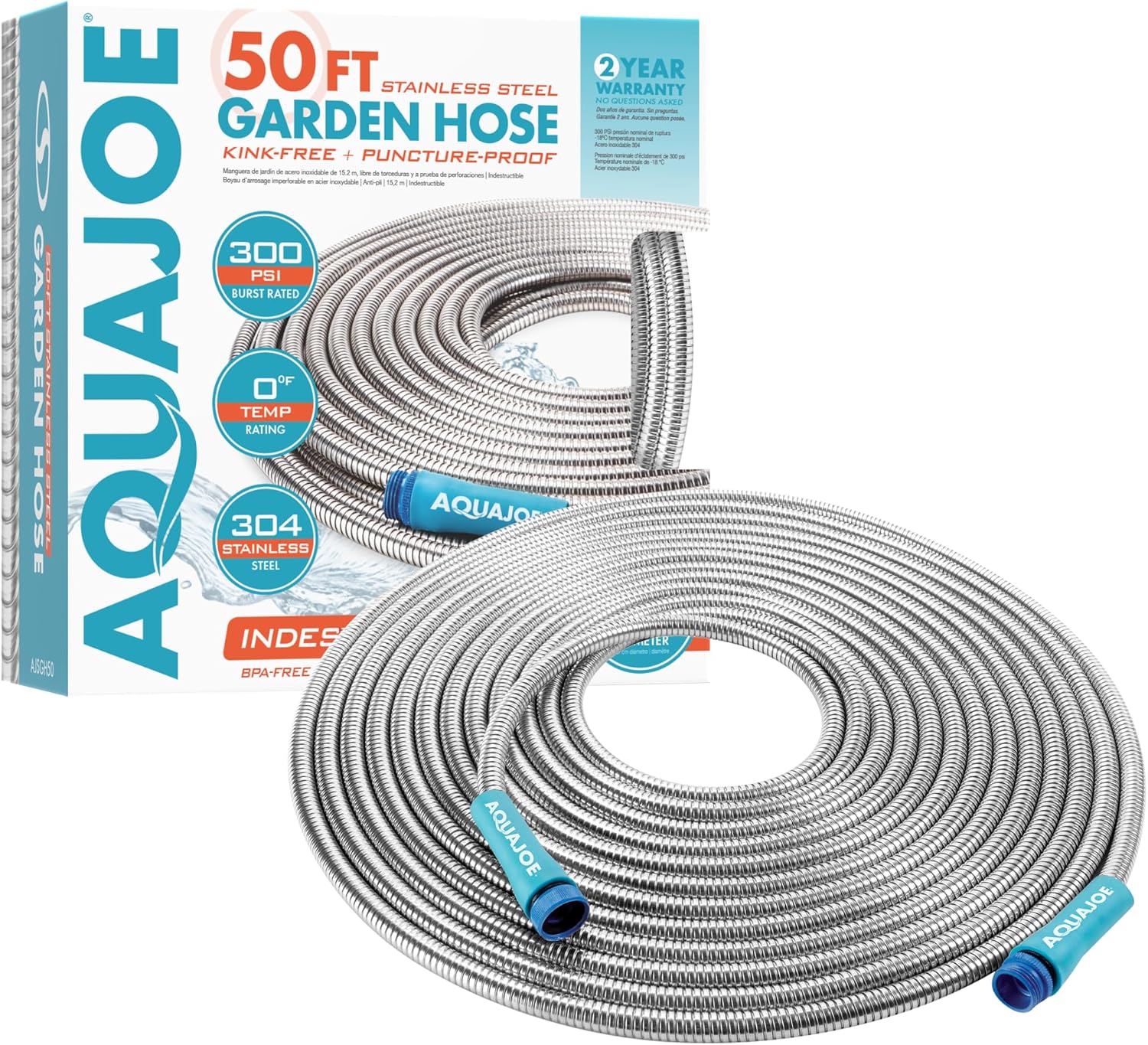 Aqua Joe 50-Foot Heavy Duty Garden Hose, Spiral 304 Stainless Steel Metal Hose, Puncture Proof, 1/2 Inch Diameter with