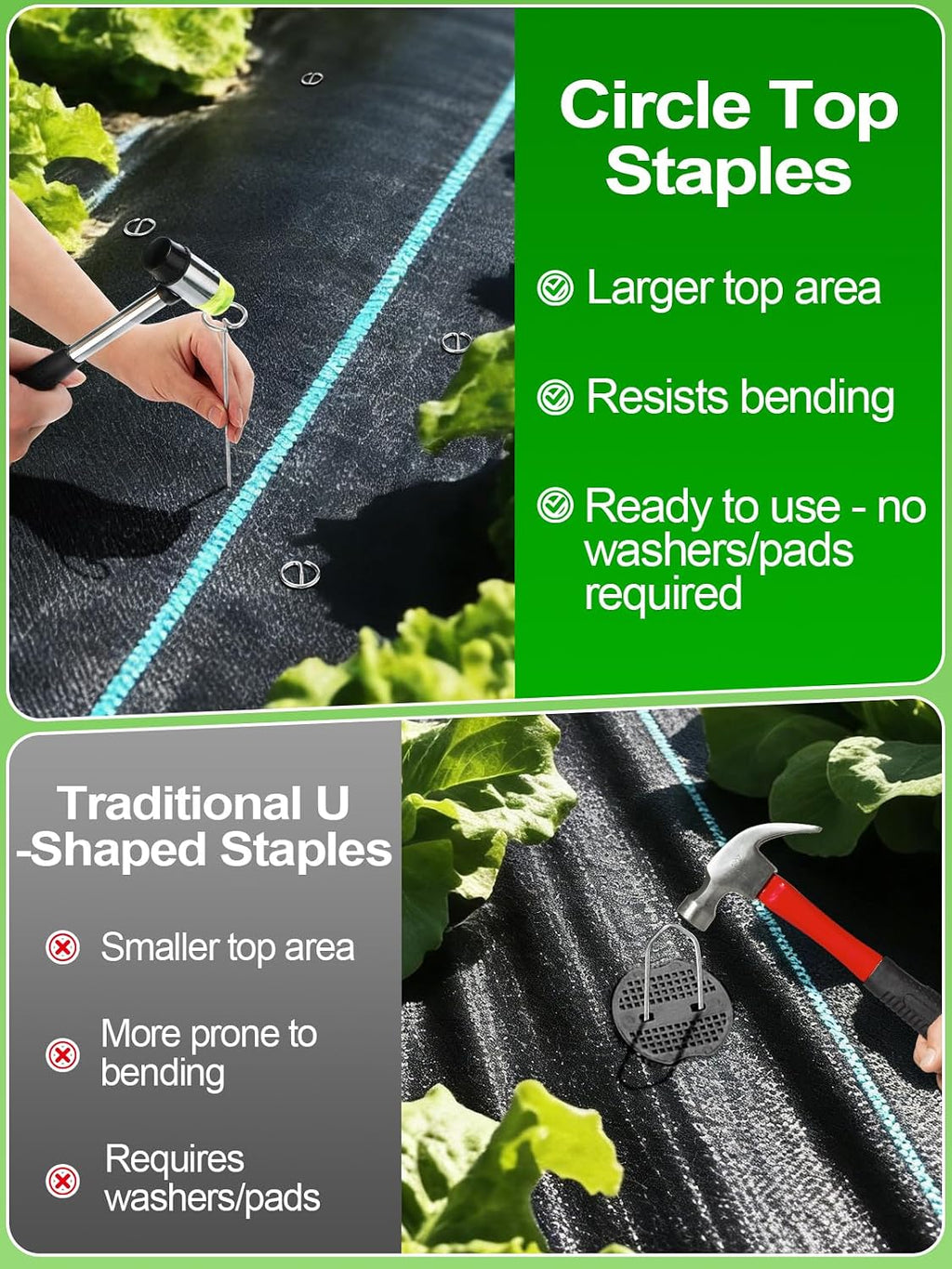 12 Inch Landscape Staples with Hook & Hammer - 60pcs Circle Top Weed Barrier Stakes Kit, 9 Gauge Galvanized