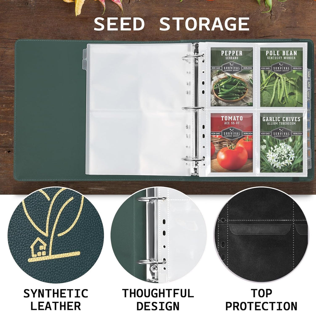MUQING Seed Storage Organizer Binder, Flip-Top Lid Sleeves | 50 Pages + 12 Monthly Cards + 4-Season Color-Coded
