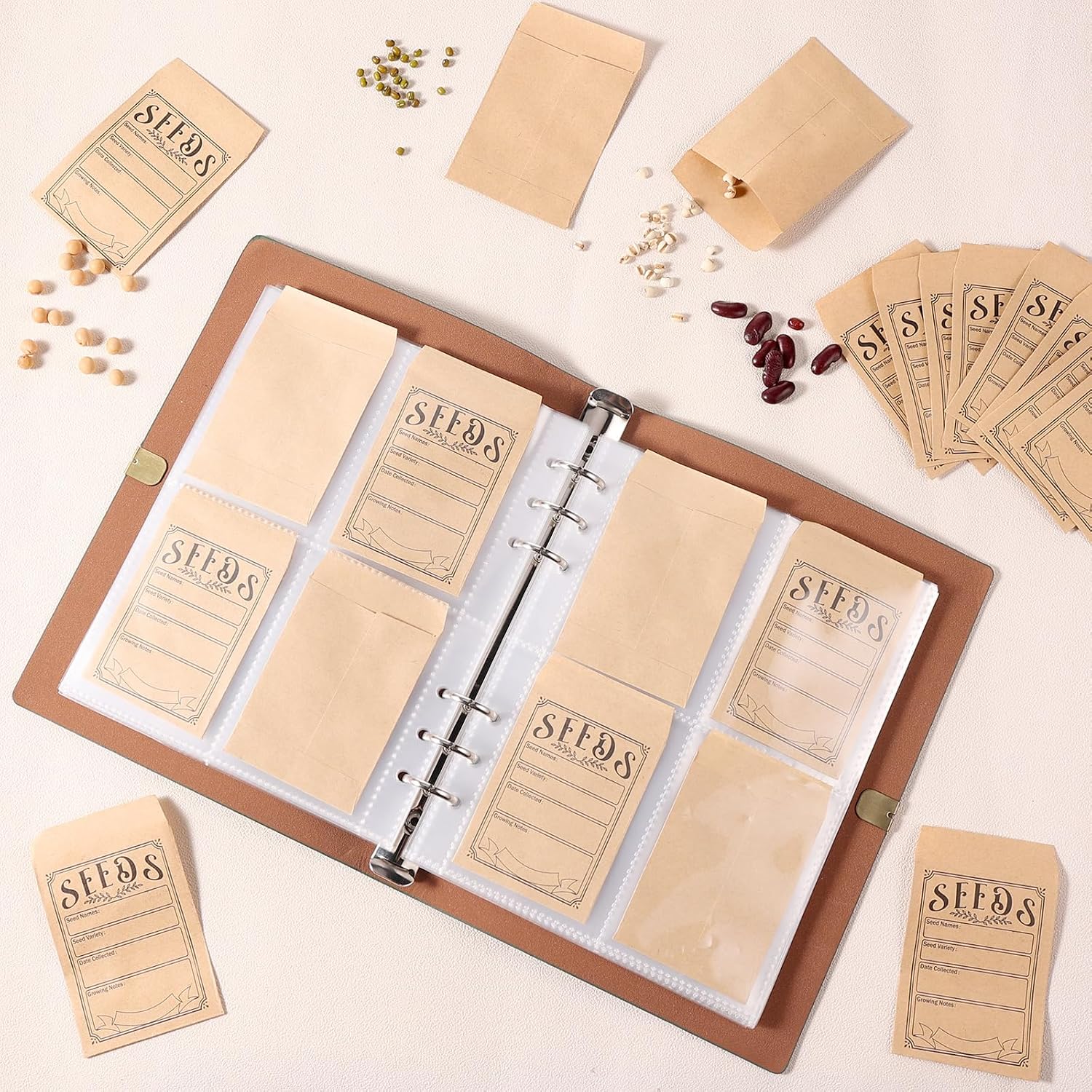 Garden Seed Storage Organizer Binder - 150 Resealable Seed Envelopes Brown Shell with 40 Sheet Protectors for Efficient