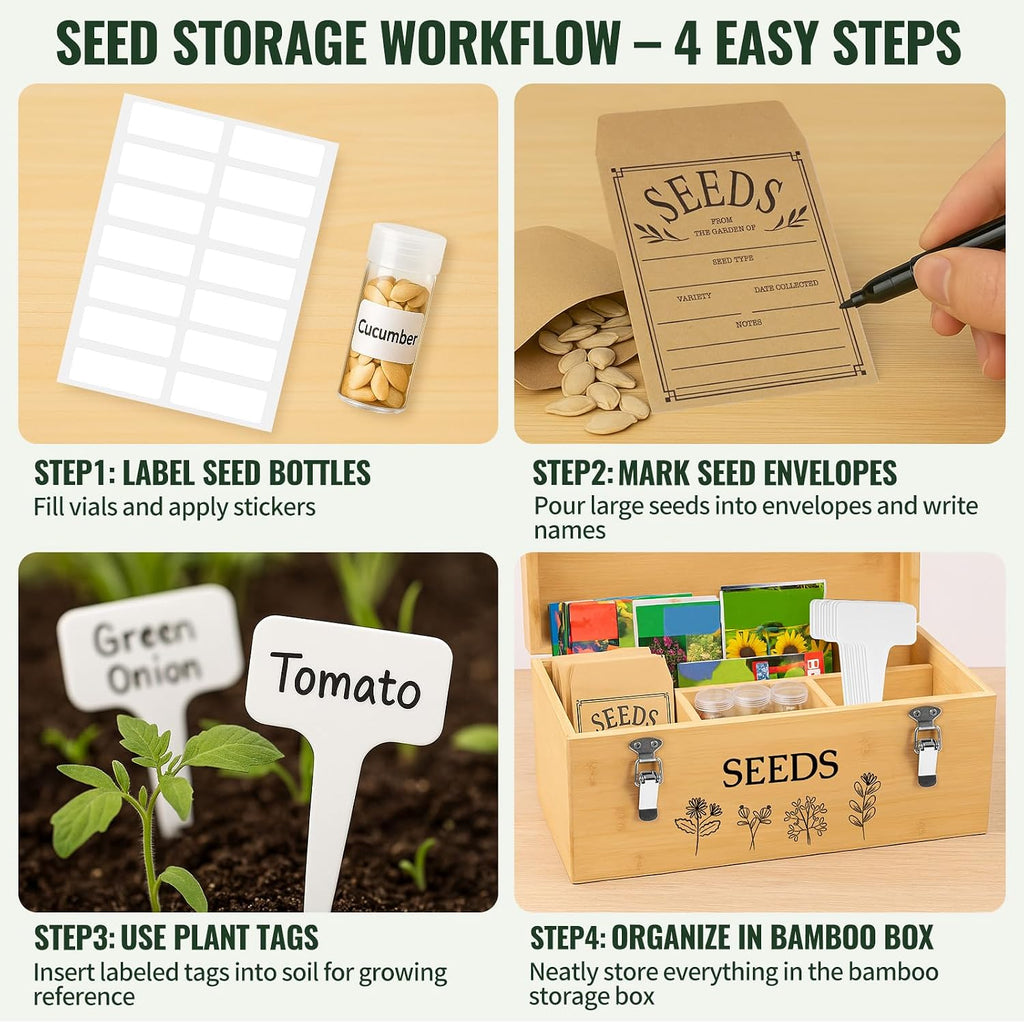 Large Bamboo Wood Seed Storage Organizer Box with Lid,Double-Layer Seal Design Seed Saving Box with 304 Stainless Steel