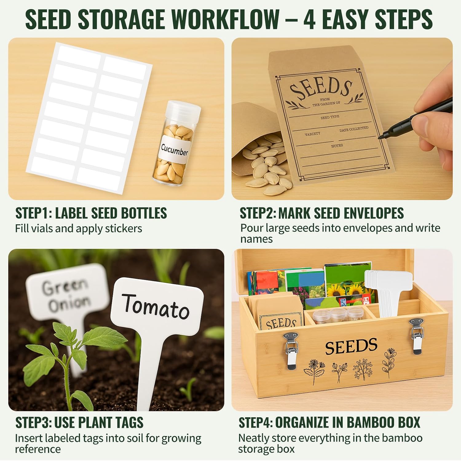 Large Bamboo Wood Seed Storage Organizer Box with Lid,Double-Layer Seal Design Seed Saving Box with 304 Stainless Steel