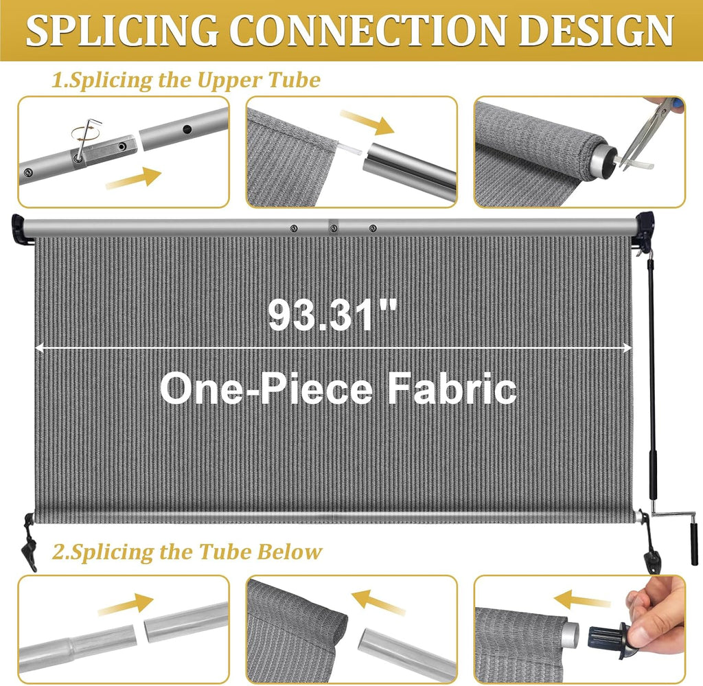 Shade&Beyond Outdoor Roller Shades with Splicing Design, 8' W x 8' H Cordless Patio Roll Up Blinds, Exterior Shade