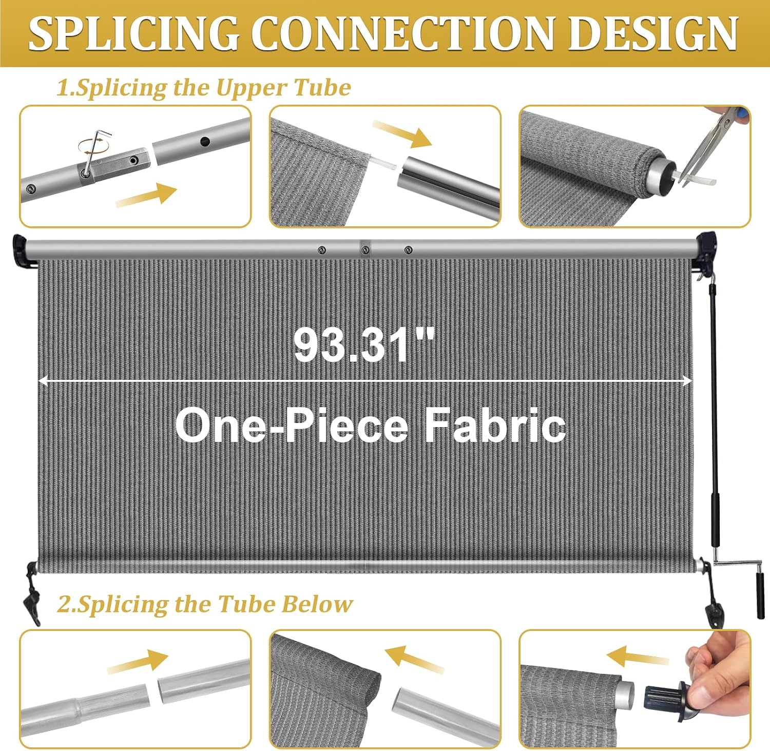 Shade&Beyond Outdoor Roller Shades with Splicing Design, 8' W x 8' H Cordless Patio Roll Up Blinds, Exterior Shade