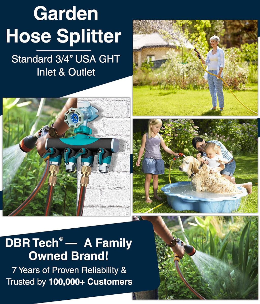 DBR Tech® 4 Way Hose Splitter (Superior Durability), Premium Garden Hoses Connector, 4 Way Heavy Duty Water Valve for