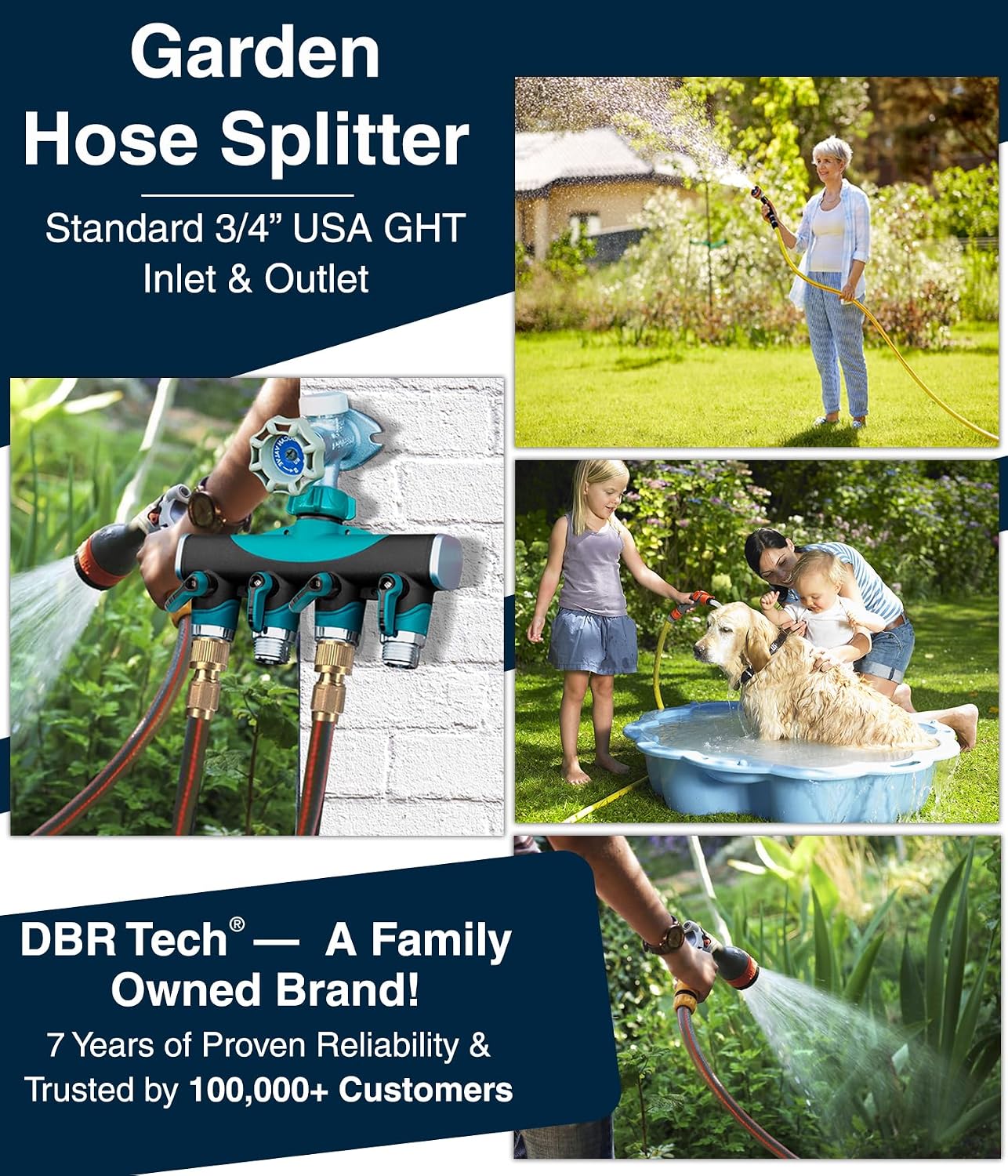 DBR Tech® 4 Way Hose Splitter (Superior Durability), Premium Garden Hoses Connector, 4 Way Heavy Duty Water Valve for