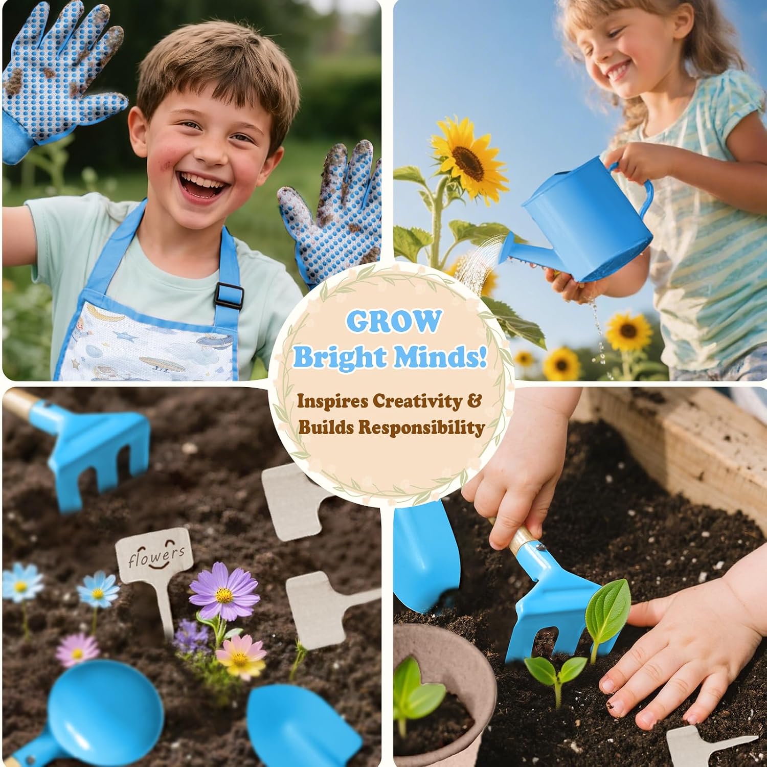 Kids Gardening Tool Set 18PCS Outdoor Toys Tote Bag Watering Can Apron Blue | Kid-Safe Ergonomic Metal Tools, Fun STEM