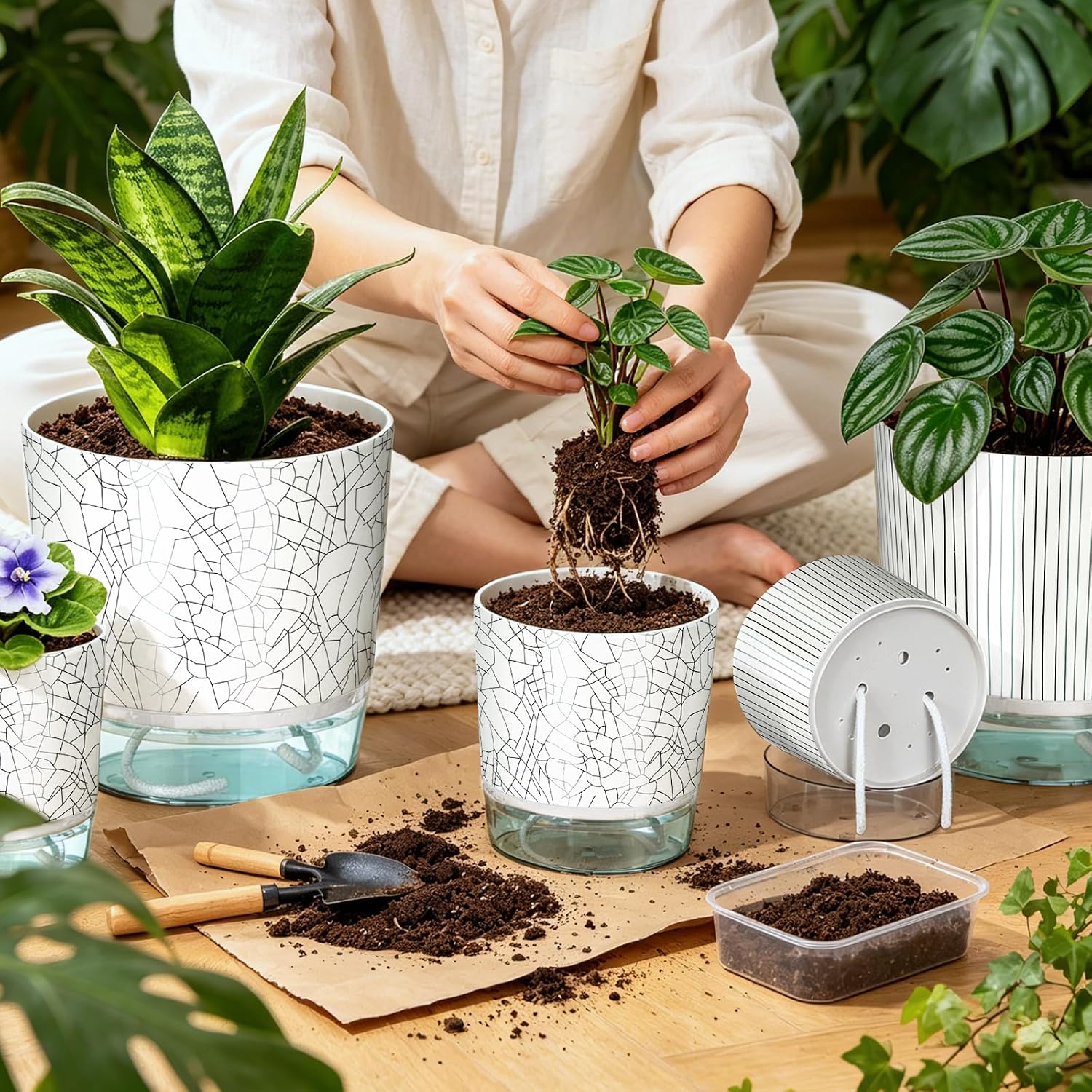 6 Pack Self Watering Pots for Indoor Plants, 4/5.5/6.3 Inch Plant Pots | Self Watering Planters with Drainage Hole