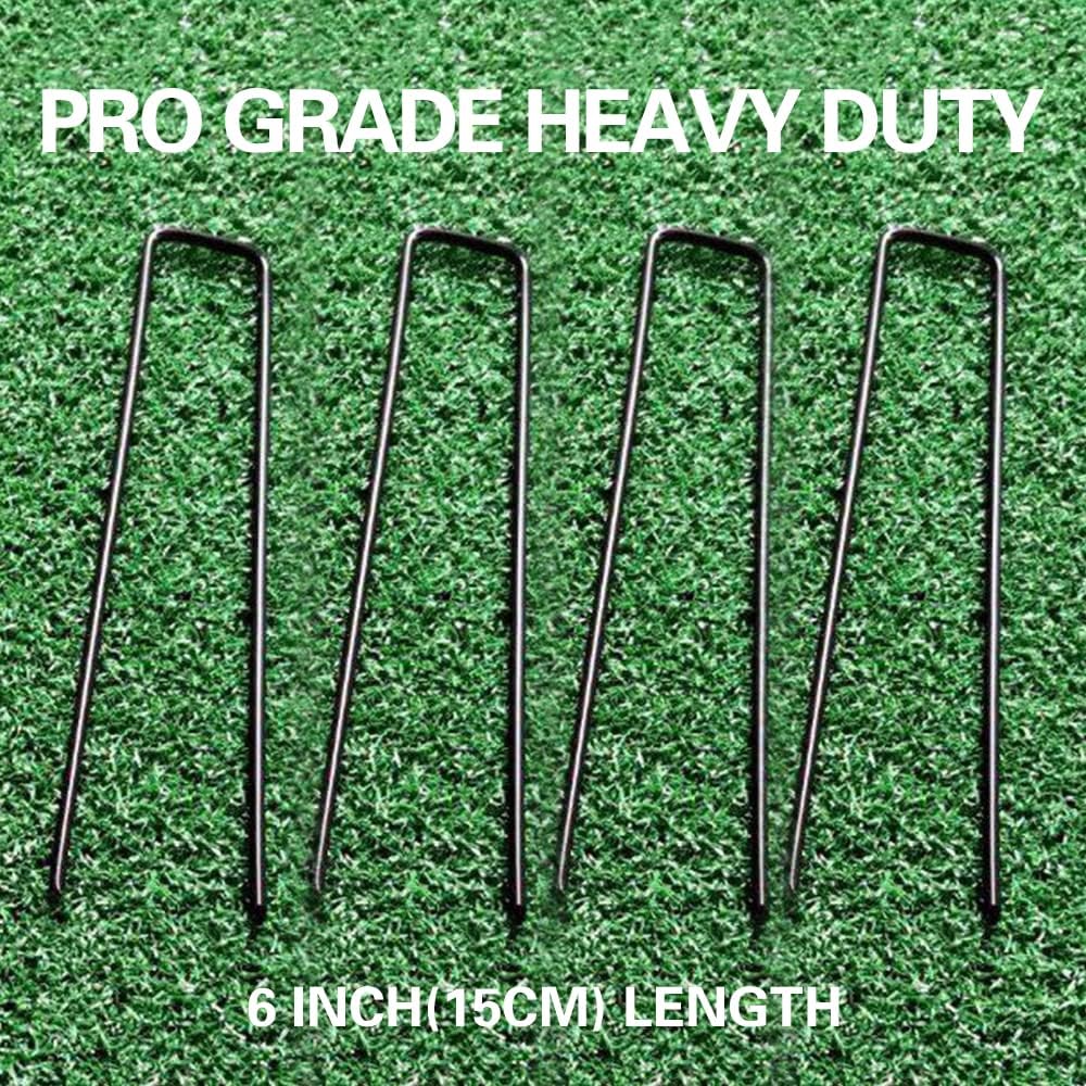 Bakulyor 100pcs Black Landscape Staples + 100pcs Buffer Washer, 6 Inch 11 Gauge Garden Stakes Staples, U Shaped